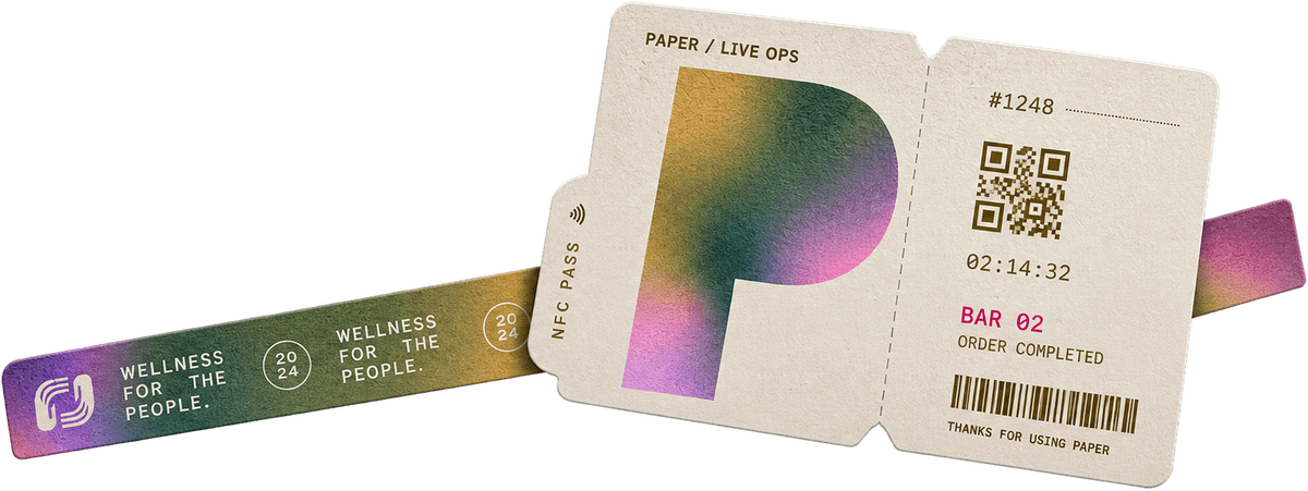 Pulsera NFC y pase de Payper con QR, número de pedido y estado de la orden